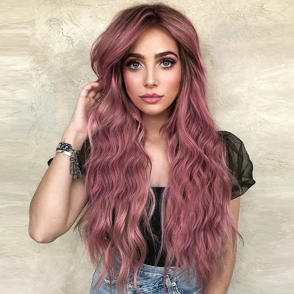 Front lace wig with medium large wavelength curly hair and long bangs for ladies in style shown