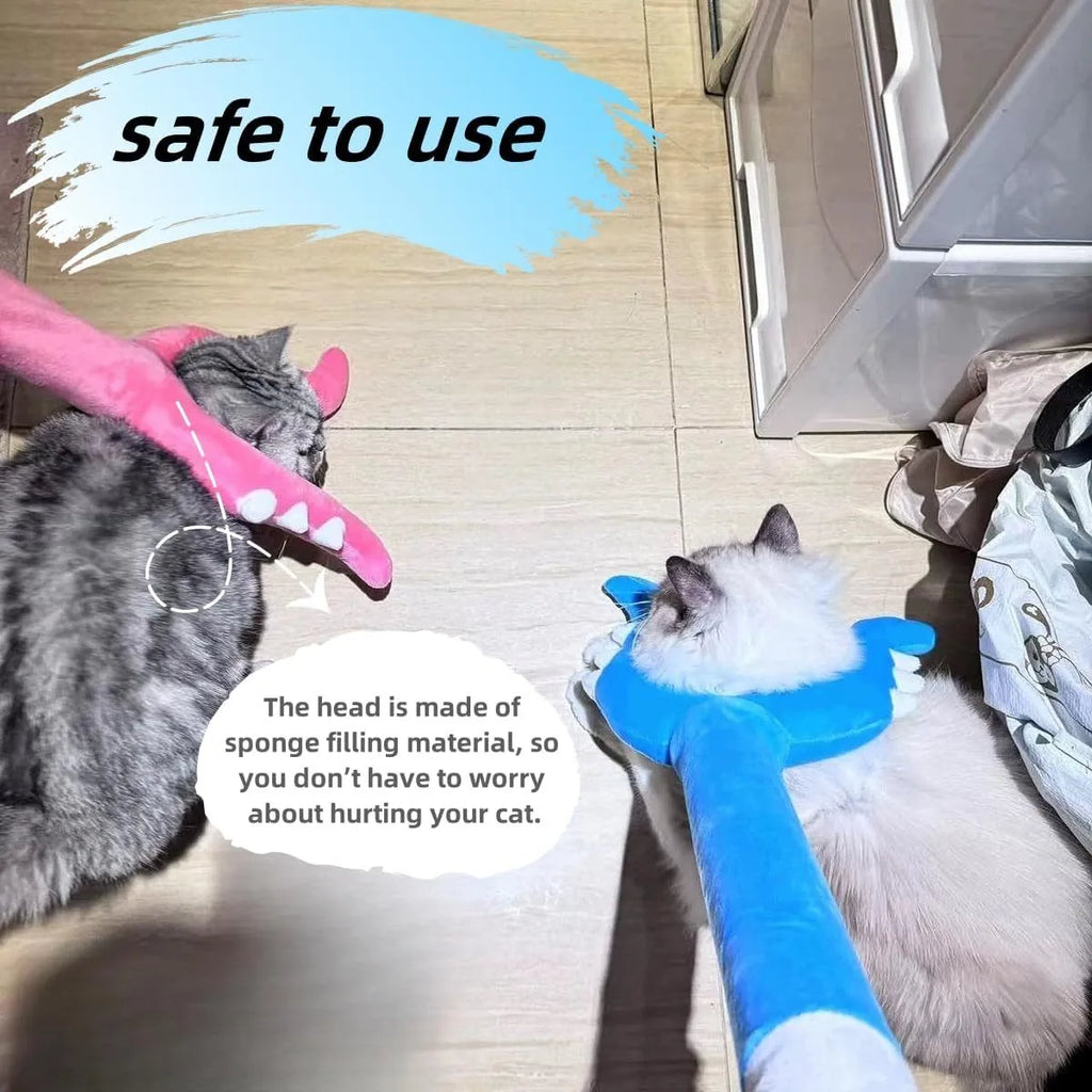 Blue plush cat wand toy extended to 70cm length with soft head for interactive pet play