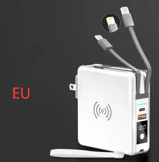 Black and white 10000mAh power bank with wireless charging, a fold-out plug, and international travel adapters.