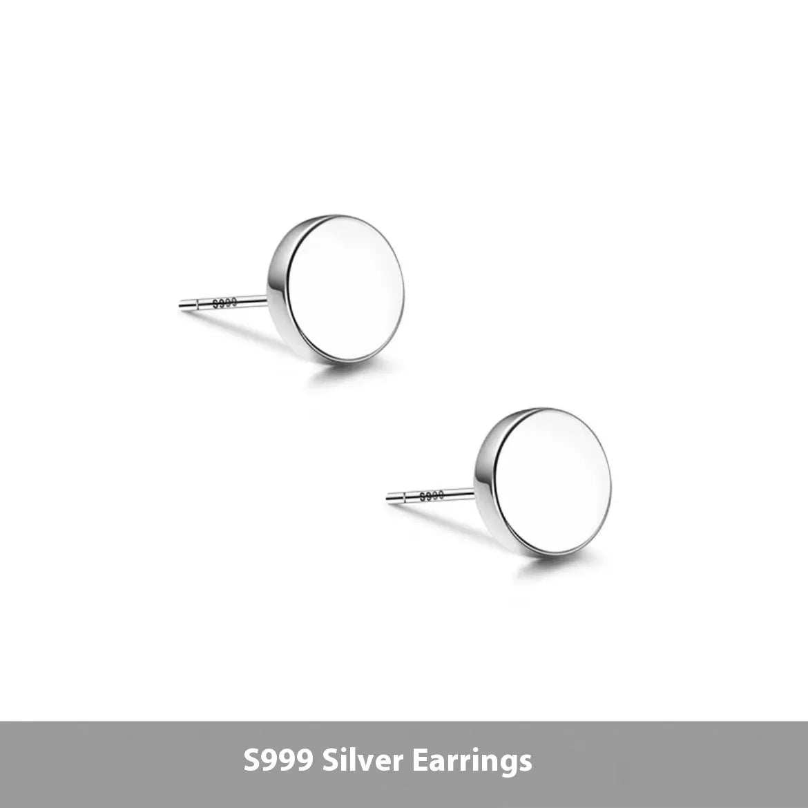 A pair of simple geometric round S999 Sterling Silver flat bone stud earrings in silver and black, showing size variation.