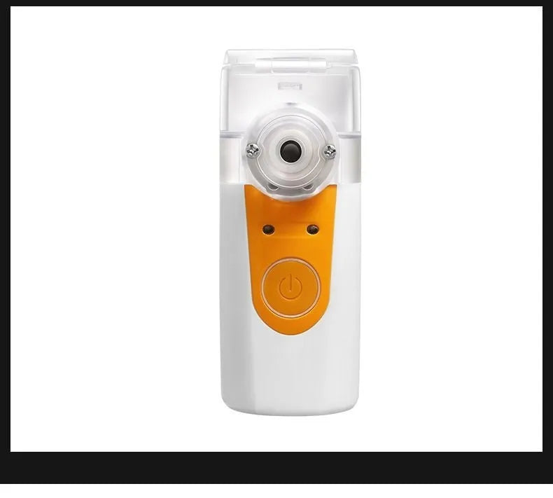 Handheld columnar plastic nebuliser with USB cable for humidification and drug atomisation.