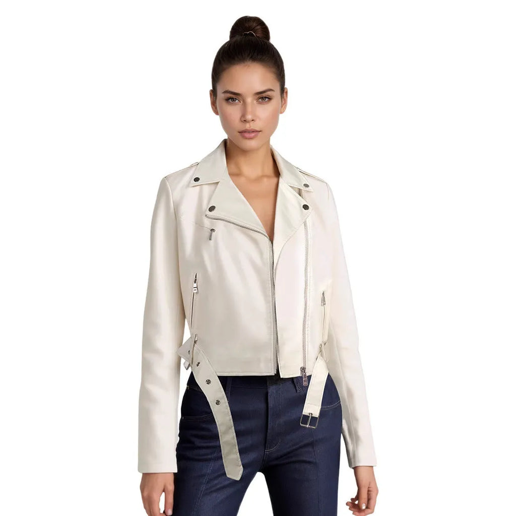 Red women's PU leather motorcycle jacket with a silver lapel short belt fastened at the waist.