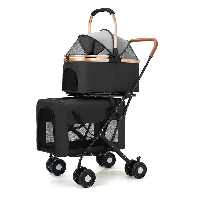 Double-layer portable pet stroller in Army Green with metal frame for two small dogs or cats