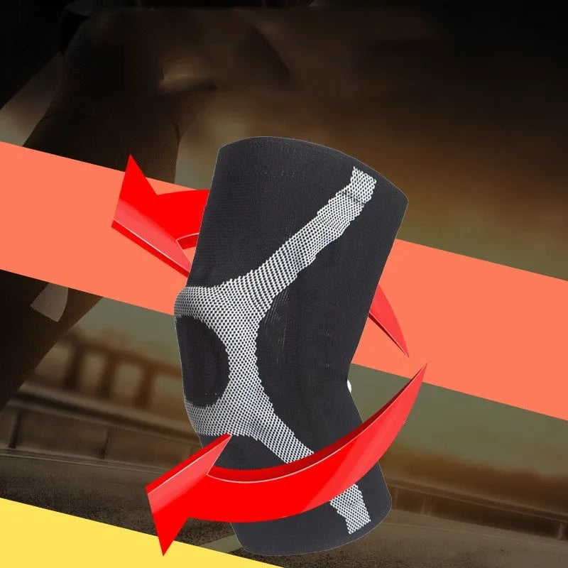 Silicone sports kneecap in red, showing knitted non-slip design for knee protection.
