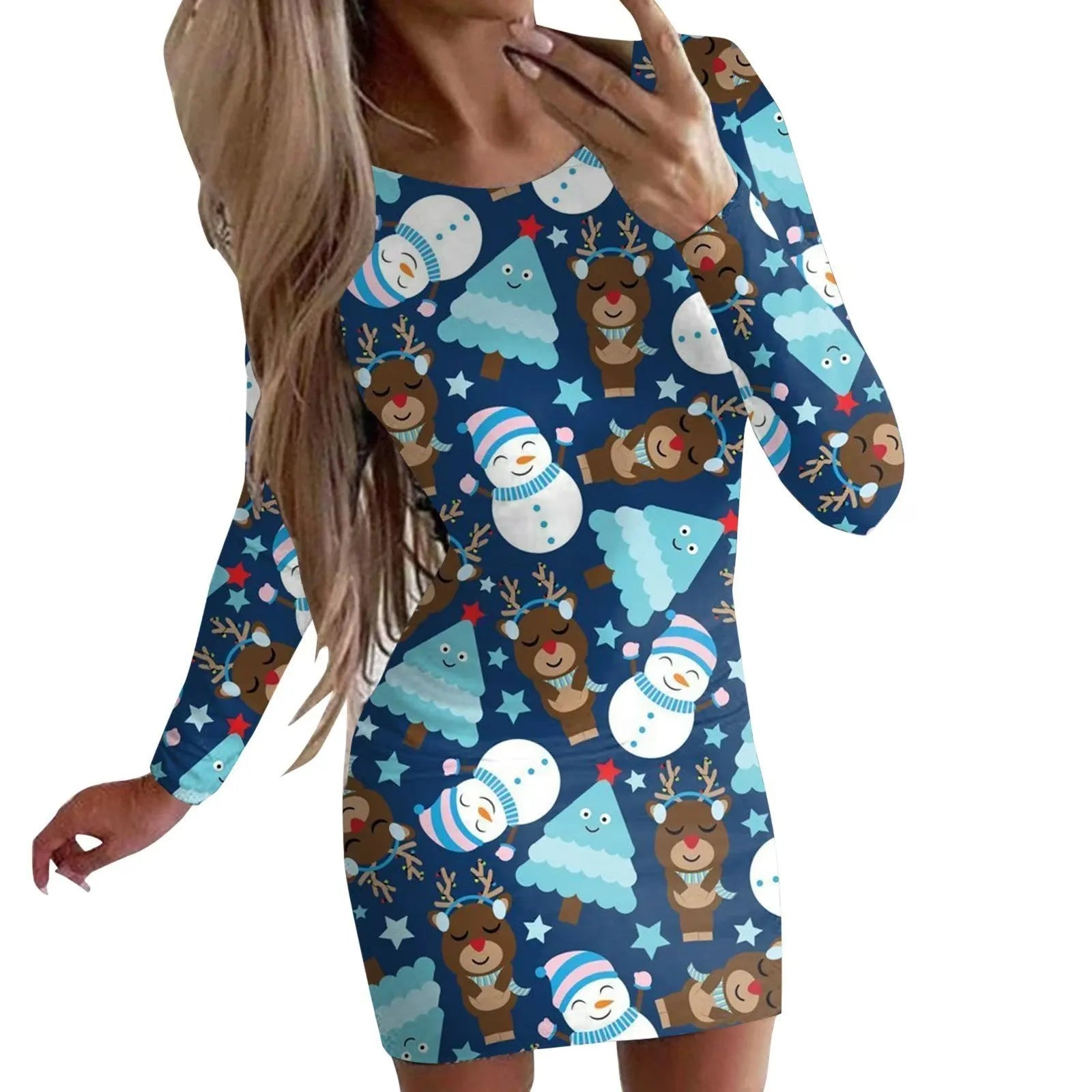 Women's tight-fitting Christmas dress with animal print and long sleeves in a floral colour.