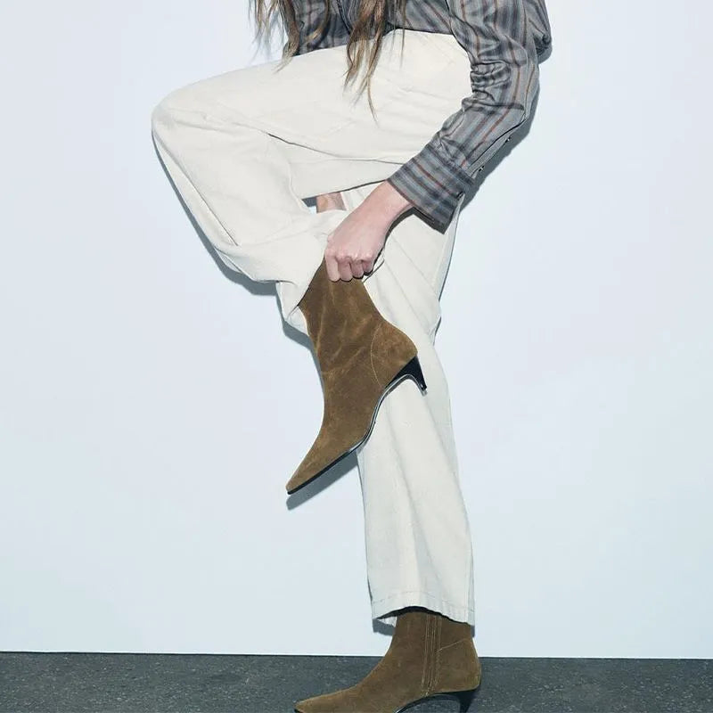 Brown square toe mid-calf boot with a side zip and a kitten stiletto heel on a white background.