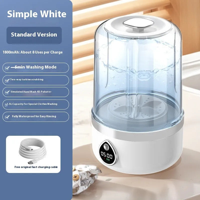 White portable USB charging mini washing machine with compact plastic housing on a countertop.