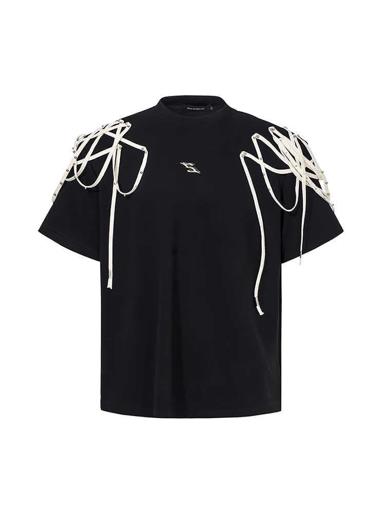Black loose fit short sleeve T-shirt with padded shoulder and rivet ribbon detail