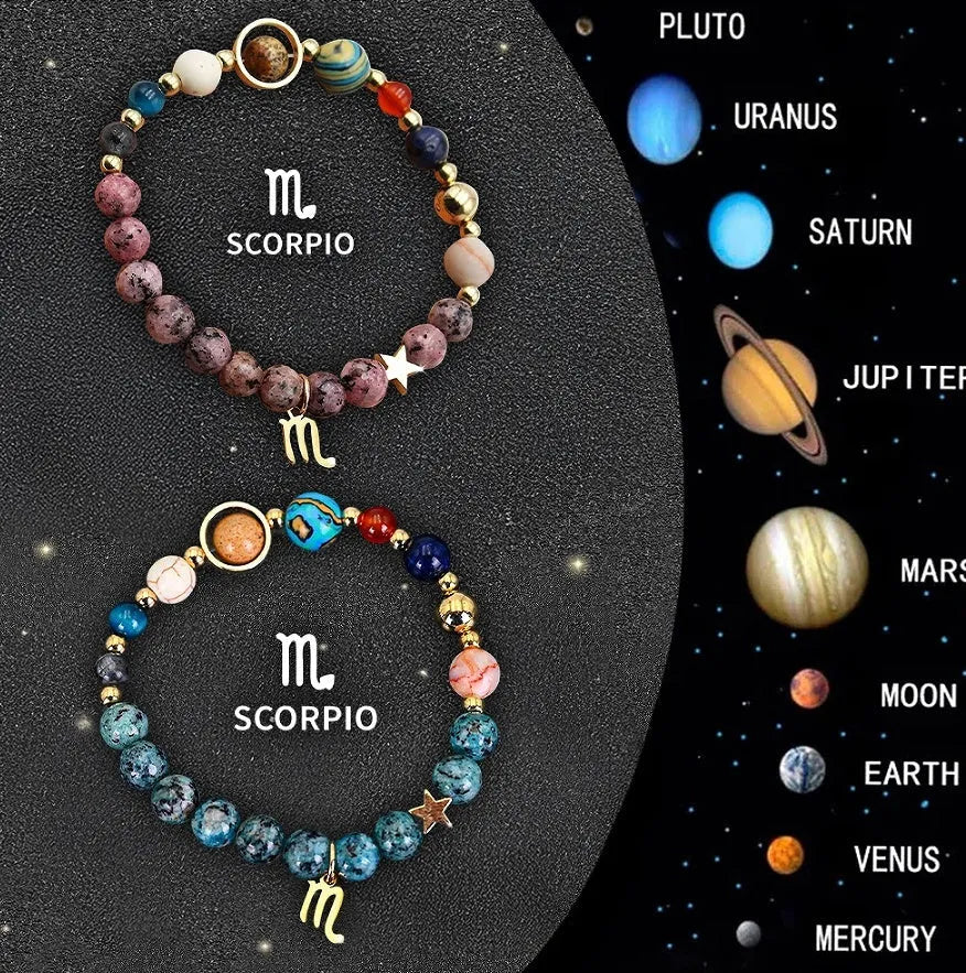 Two natural stone beaded bracelets for zodiac signs laid flat, showing varied bead colours and styles.