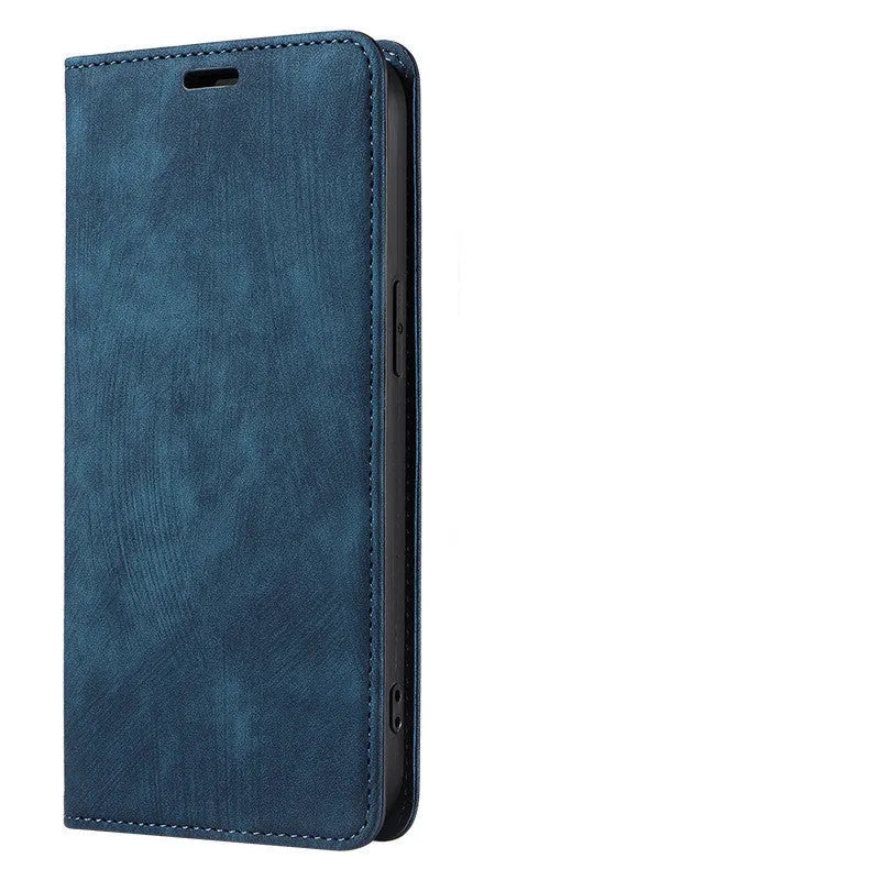 Magnetic flip phone case in solid grey leather and TPU material compatible with various iPhone models