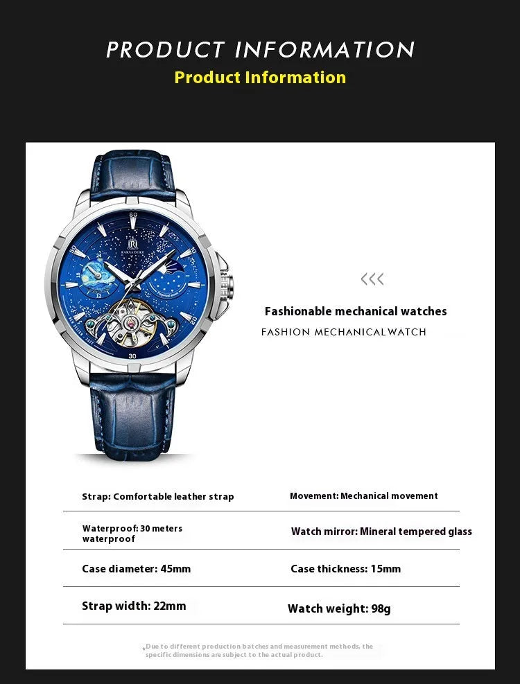 Men's blue dial automatic mechanical watch with stainless steel bracelet showing side profile with 14mm thickness