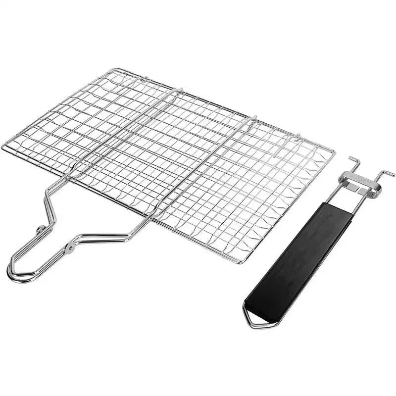 Square stainless steel barbecue mesh basket with folding design and cleaning brush for outdoor grilling