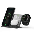 Black four-in-one wireless charger stand with phone, headset, and smart watch charging zones, 15W fast charge model