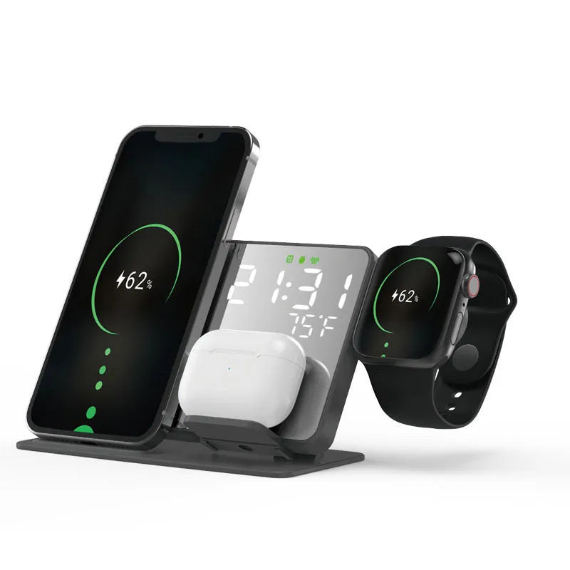 Black four-in-one wireless charger stand with phone, headset, and smart watch charging zones, 15W fast charge model
