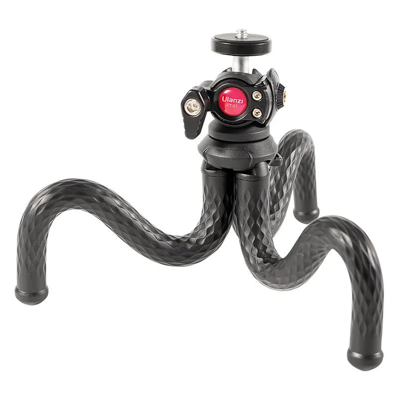 Black FT-01 aluminium alloy mobile phone tripod set with clip, extended to 360mm.