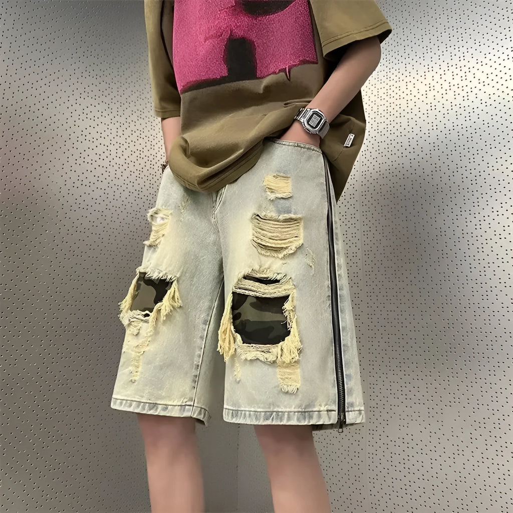 Men's yellow mud colour ripped camouflage denim shorts with straight leg Korean styling