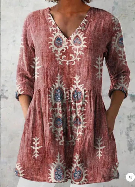 Women's long loose dress with a blue and white wave print pattern, featuring three-quarter sleeves and a wide waist.