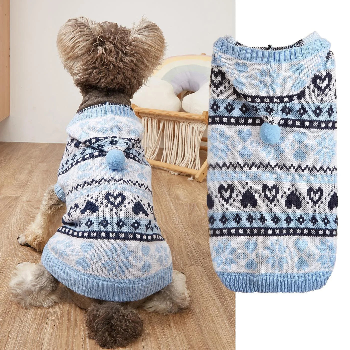 Blue striped camouflage knitted acrylic sweater on a small Bichon dog, showing snowflake and love heart patterns.