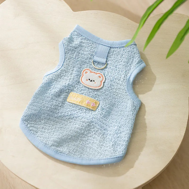 Green knitted cat top with hollowed-out design and a bear cartoon patch on the side