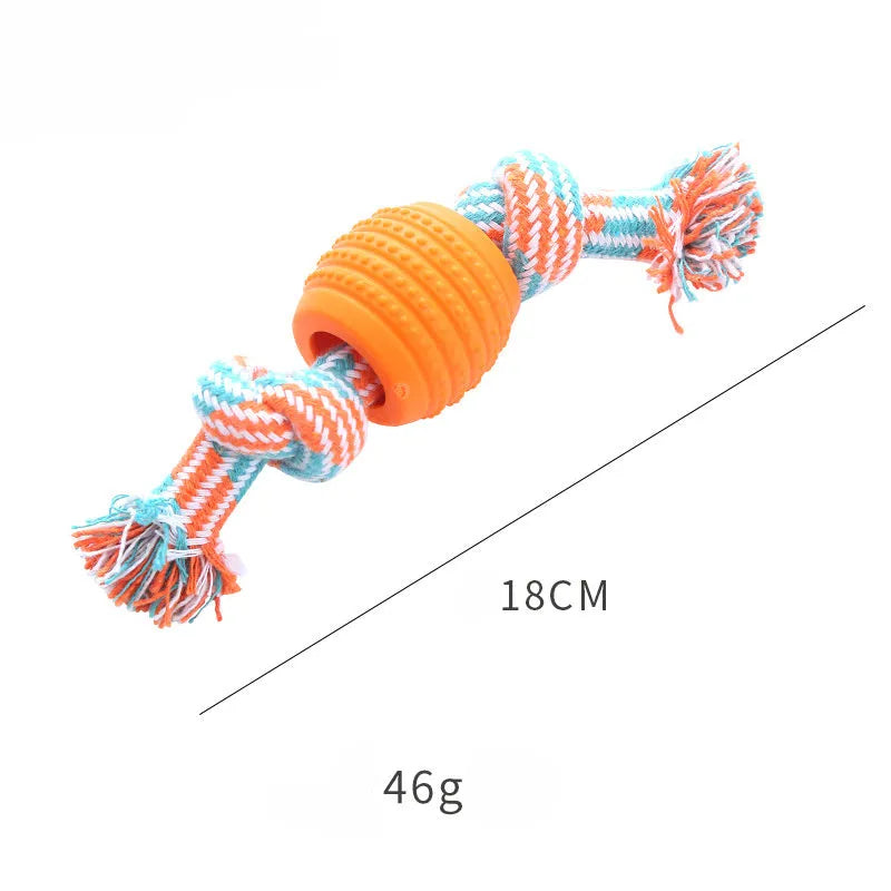 Blue dog chew toy with molar shape and rope attachment for teeth cleaning