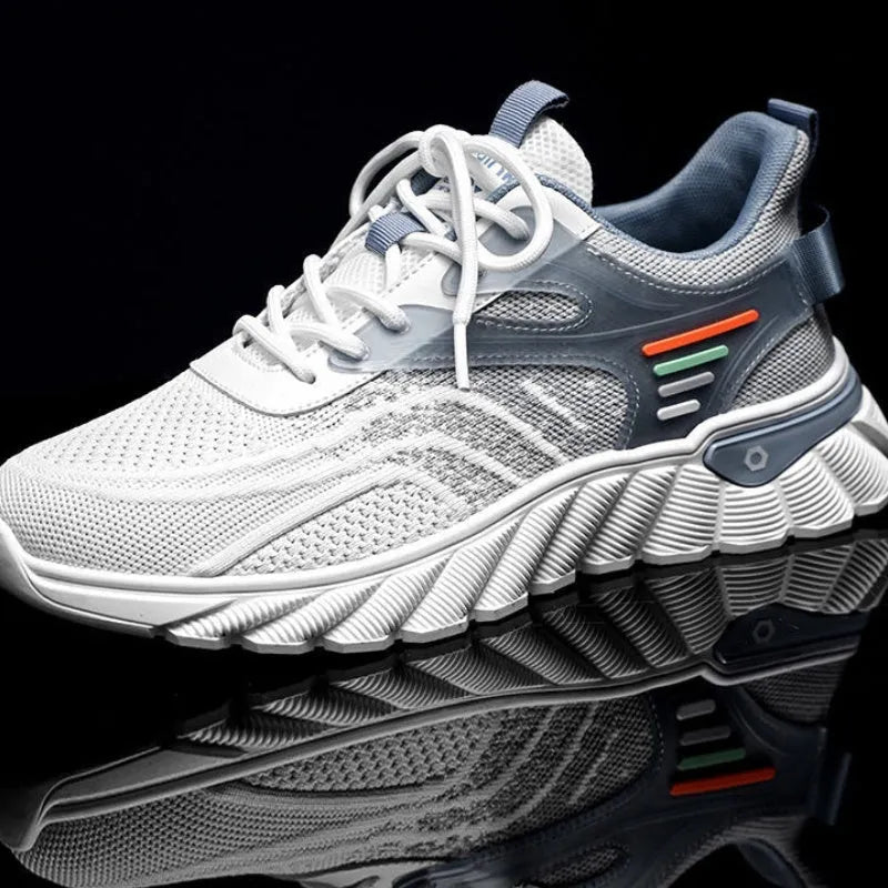 Men's white blue platform casual running shoes with mesh upper and rubber sole
