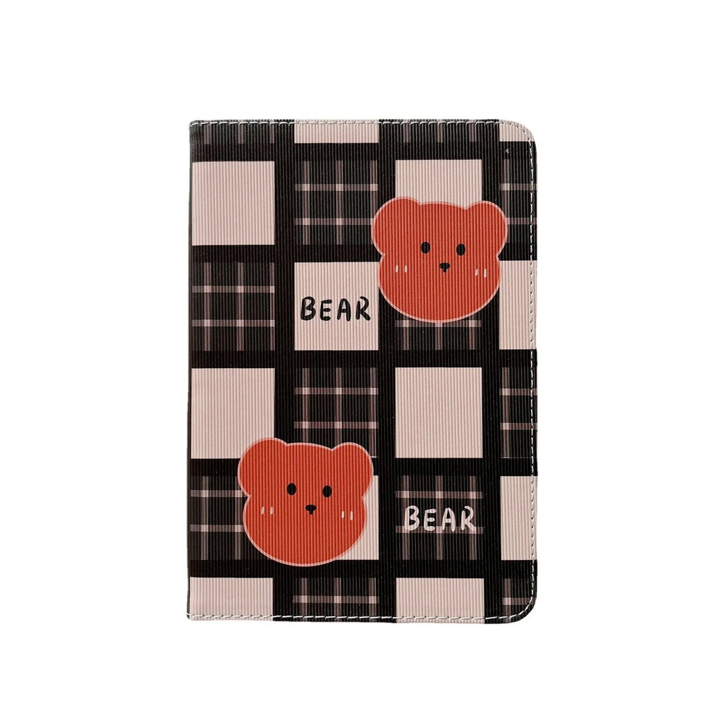 Cartoon plaid protective flip case for iPad with blue rhombus bear pattern, silicone and TPU material