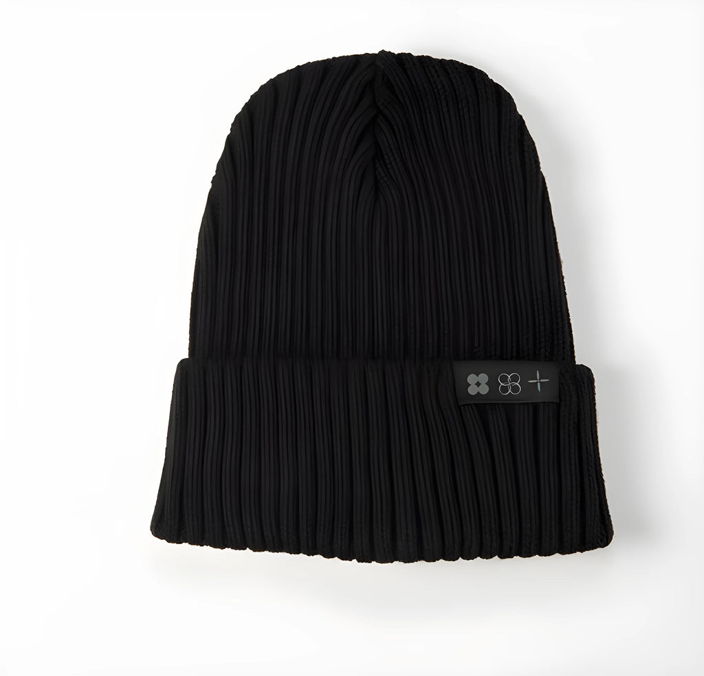 Black wool jacquard knit cap for adults with letter stitching, dome style, unisex