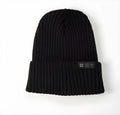 Black wool jacquard knit cap for adults with letter stitching, dome style, unisex