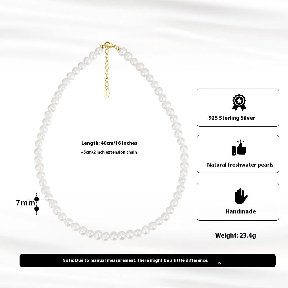 Women's adjustable freshwater pearl necklace in sterling silver with 6-7mm natural pearls