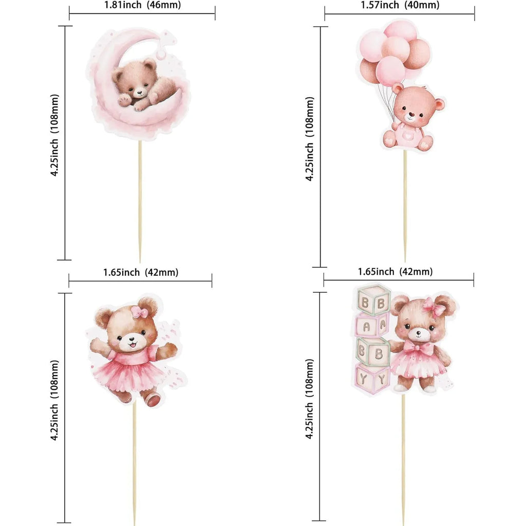 Baby bear paper cake decoration card inserts in pink and blue with stick finish, 12 pieces