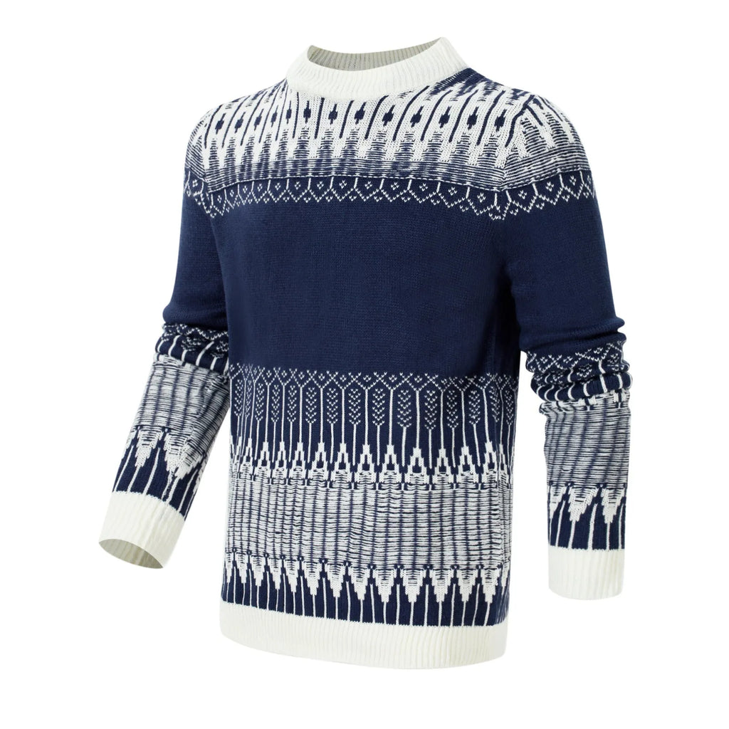 Men's grey cable-knit long sleeve pullover sweater on a hanger
