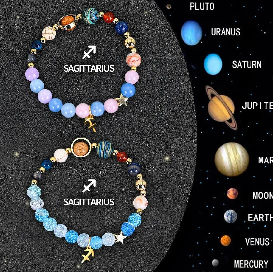 Set of two natural stone beaded bracelets with zodiac sign charms on an adjustable band
