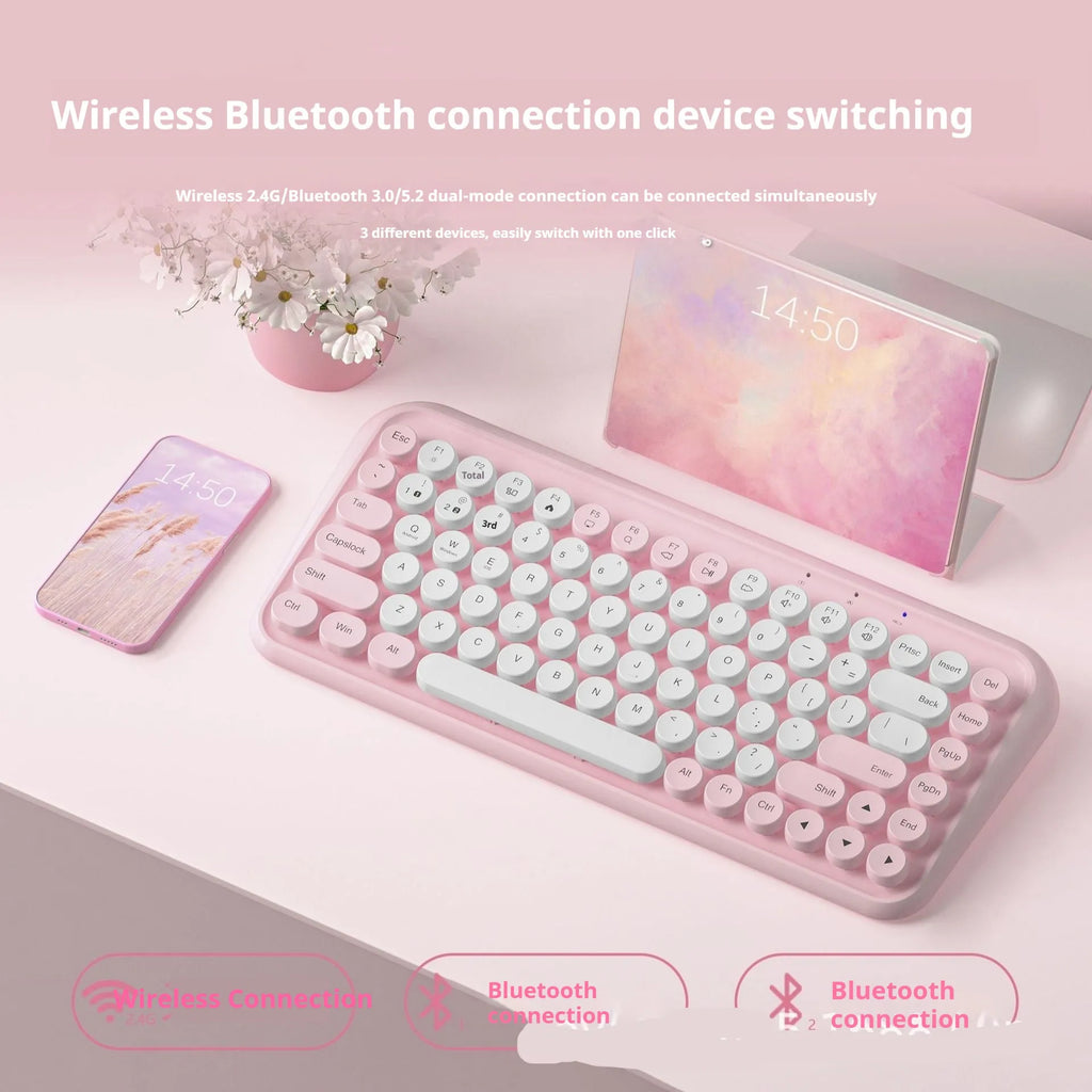 Pink wireless Bluetooth keyboard with 84 keys and compact 339mm design