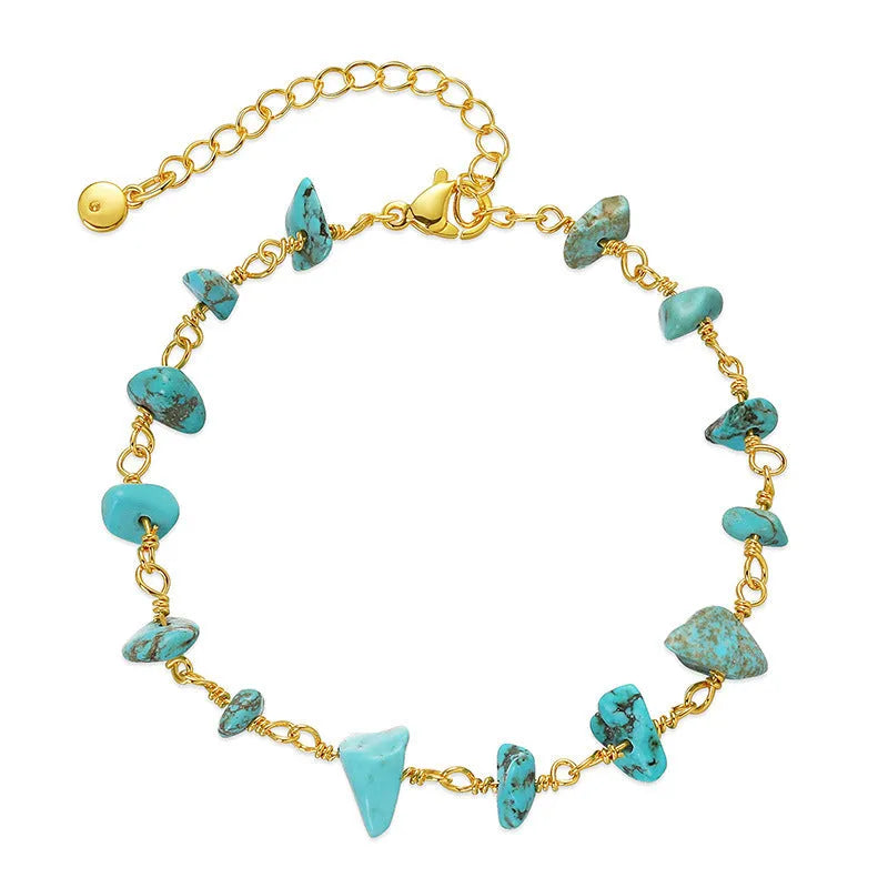 Women's irregular natural gravel turquoise bracelet with geometric shape and crystal elements in 18K copper