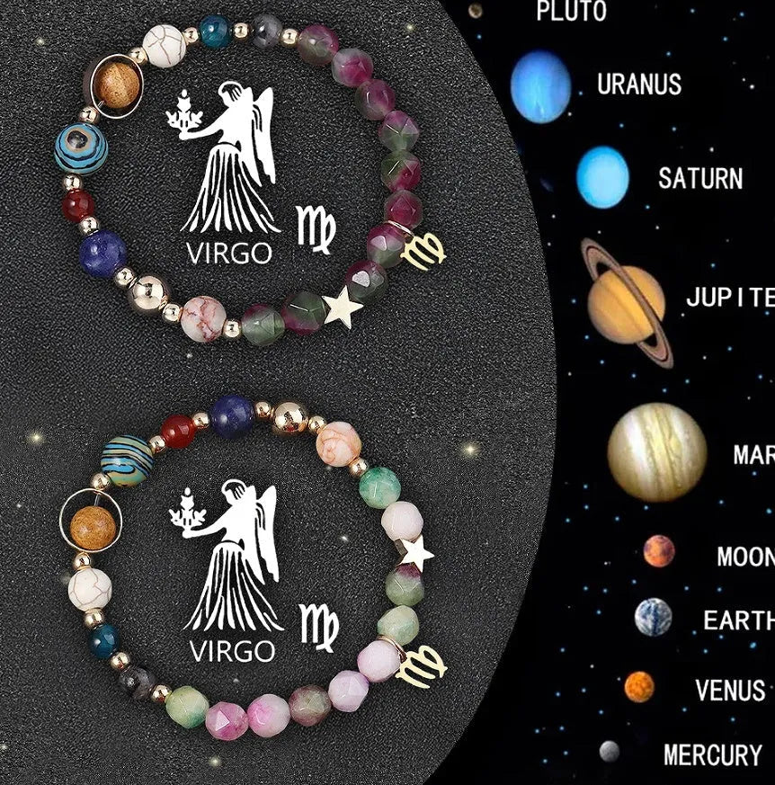 Set of two adjustable natural stone beaded bracelets showing different zodiac sign designs.