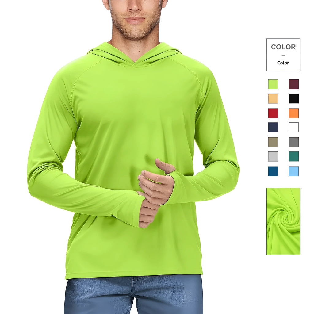 UPF50 hooded slim fit sun protection fishing suit in fluorescent green, polyester quick-dry fabric, available in multiple colours and sizes