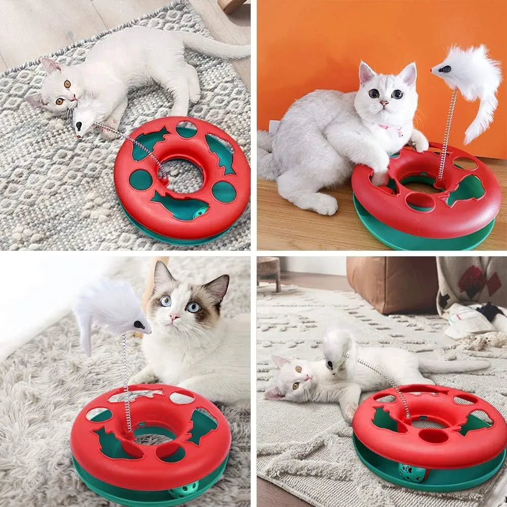 Red cat toy roller track with exercise balls, catnip spring, and detachable mouse teaser on floor