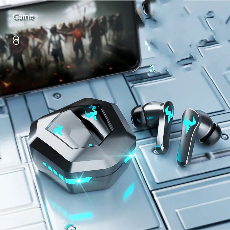 Black wireless noise-cancelling in-ear gaming headset with Bluetooth connectivity