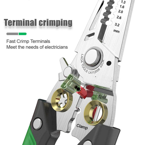 Stainless steel multifunctional wire stripper tool with seven different sized ports and two-colour handle