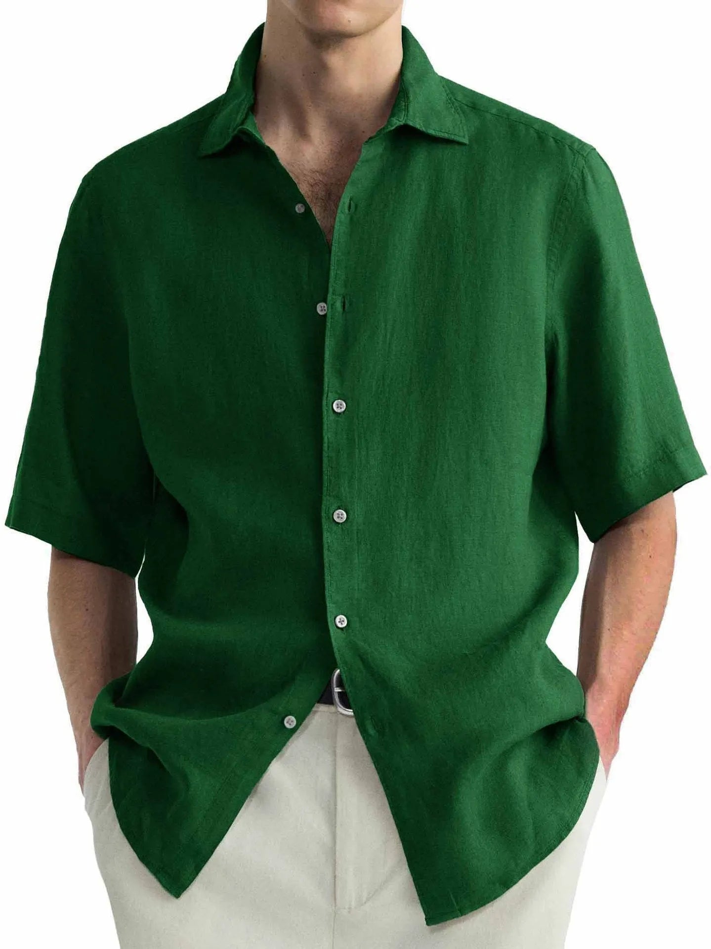 Green washed cotton men's casual shirt in a cardigan style, laid flat.
