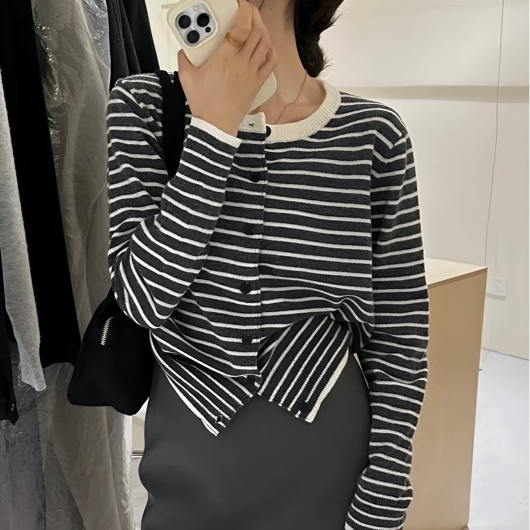 Dark grey and white striped women's viscose cardigan coat with a slim fit and short length.