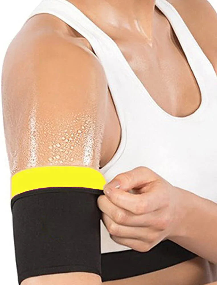 Sports arm sweatband shown in blue, silver, black and yellow, and black and red colour options for S to 5XL sizes.