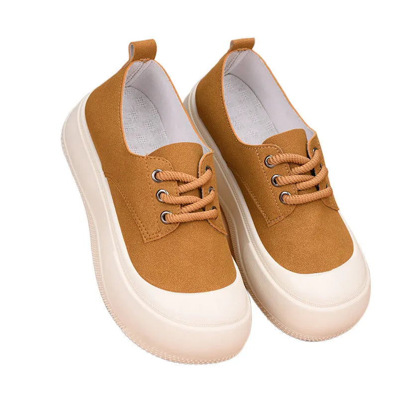 Women's camel suede platform loafers with 4cm heel, round toe, and front lace-up on a rubber sole.