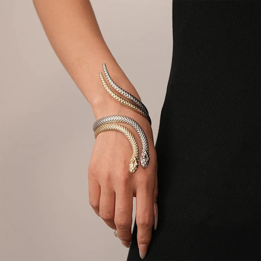 Gold and silver twisted snake opening ring and bracelet jewellery set