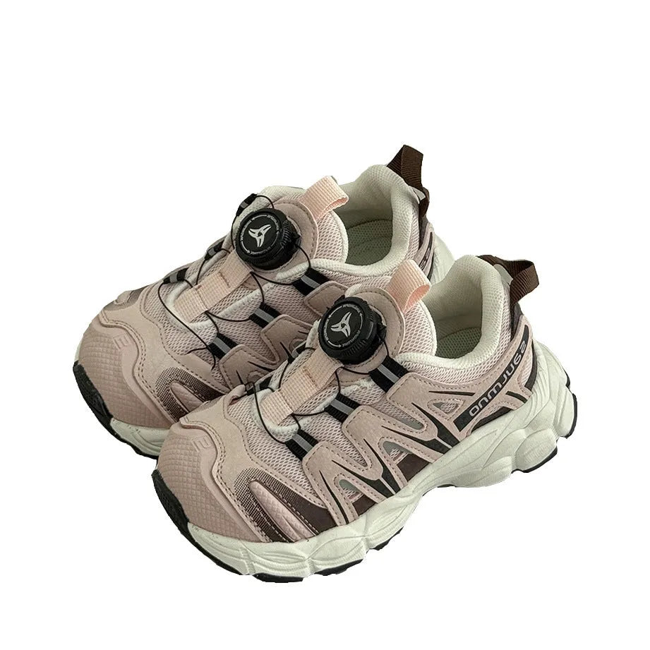 Girls casual slip-on shoes in black, beige, and pink with breathable mesh upper