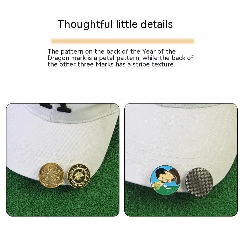 Zinc alloy golf hat clip with engraved pattern options including Dragon Year design