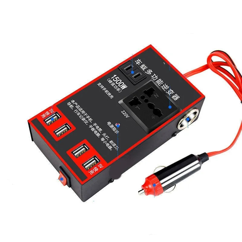 Black automotive power converter converting 12V/24V vehicle power to 220V AC with 4 USB charging ports