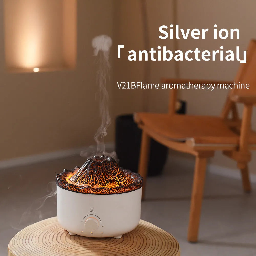 White ultrasonic simulated flame humidifier with remote control and low noise, 162x162x128mm