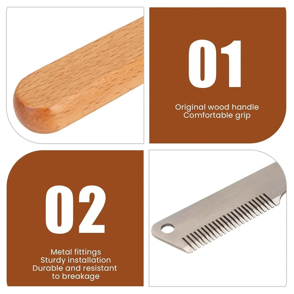 Pet stripping comb with wood handle showing long and short size options for dog and cat grooming