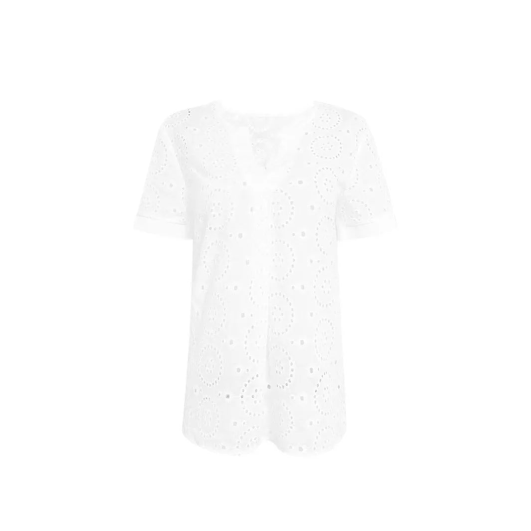 White women's V-neck loose t-shirt with hollow French style detail and short sleeves